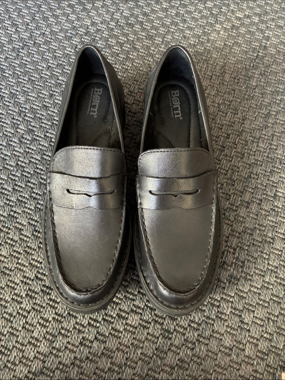 Born Black Leather Penny Loafers with Classic Stitching